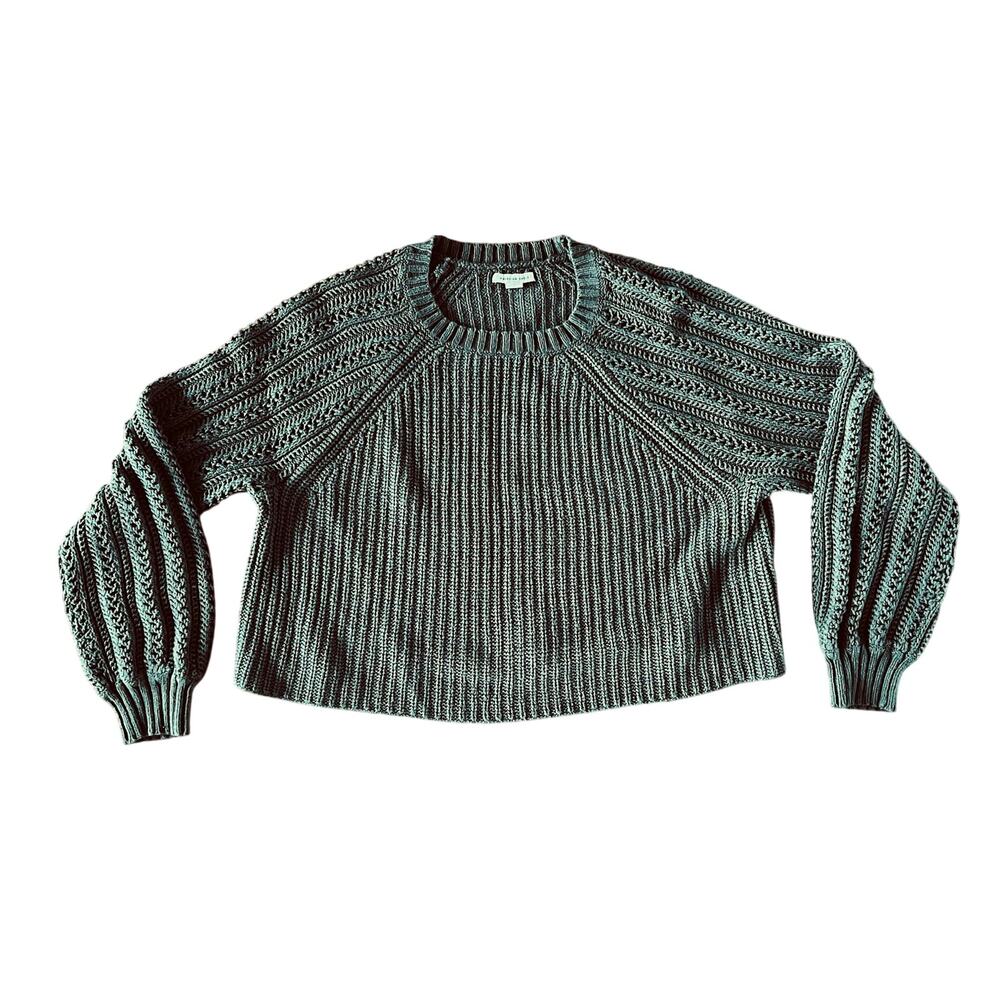 American Eagle Cropped Ribbed Knit Balloon Sleeve Sweater Hunter Green Medium